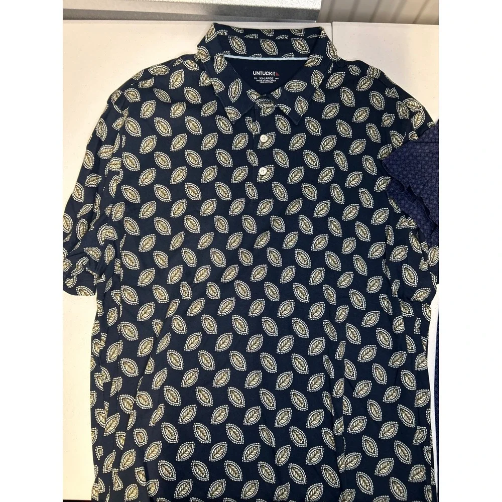 UNTUCKit Polo Shirt Mens XXL Blue 2 Pc Bundle Leaf Geometric Short Sleeve Cotton